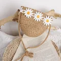 Cute semicircular straw woven kids crossbody bag featuring white daisy flower decorations - One Size / Khaki