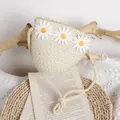 Cute beige straw crossbody bag for kids featuring white daisy embroidery decorations - One Size / Beige