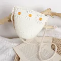 Cute beige straw crossbody bag for girls featuring three white daisy flower decorations - One Size / Milk White