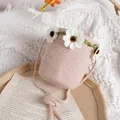 Bolso saco rosa tejido a mano para niñas con detalles de margaritas blancas y bandolera - Rosa / Monedero