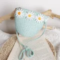 Cute mint green straw crossbody bag for girls with white daisy embroidery accents - One Size / Lake Blue