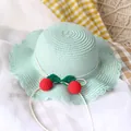 Mint green woven straw hat for kids with red cherry accents and wavy brim details - Straw Hat / Lake Blue