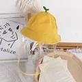 Yellow baby bucket hat with protective face shield and cute green sprout decoration - 50cm / Fabric Cap / Yellow