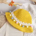 Handmade yellow crochet straw sun hat with daisy lace and colorful pom poms - One Size / Yellow Straw Hat