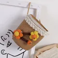 Handwoven lace bucket bag for kids featuring yellow floral accents and straw rope handle - One Size / Khaki
