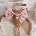 Bolso tipo cubo de paja para niñas con lazo de cuadros rosa y encaje blanco - Talla única / Caqui
