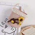 Pink handmade woven bucket bag for kids with white lace trim and floral accents - One Size / Pink