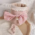 Bolso tipo cubo tejido rosa con encaje y lazo de cuadros para niñas infantiles - Talla única / Rosa