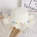 Cream white straw sun hat for girls with colorful pompoms and scalloped wavy brim - One Size / Milk White Straw Hat