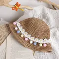 Handmade brown straw sun hat for girls with daisy lace and colorful pompom charms - One Size / Khaki Straw Hat