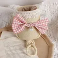 Bolso de paja infantil con lazo de cuadros, encaje blanco y detalle de perla - Talla única / Beige