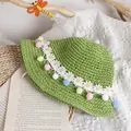 Green handmade woven sun hat for kids with daisy lace and colorful pom-poms decor - One Size / Green Straw Hat