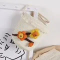 Beige lace woven bucket bag with 3D yellow fabric flowers for kids outing - One Size / Cream