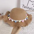 Kinder-Strohhut mit bunten Pompons und gewelltem Rand für optimalen Sonnenschutz - Einheitsgröße / Khaki Hut