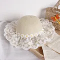 Kids straw sun hat with white lace trim and yellow daisy embroidery in light beige - Beige Straw Hat