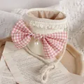 Sac seau en paille pour fille avec nœud vichy rose, dentelle et perle crème - Taille unique / Crème