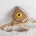 Secchiello in paglia per bambini con girasole, pizzo bianco e tracolla intrecciata - Taglia unica / Kaki