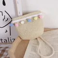 Kinder Stroh-Umhängetasche mit bunten Pompons und weißem Spitzenbesatz-Detail - Einheitsgröße / Beige Tasche