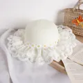Straw sun hat for girls in cream white with daisy trim and wavy lace brim details - Milk White Straw Hat