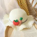 Kids cream straw hat with wavy lace brim and cute strawberry carrot plush decor - Straw Hat / Cream