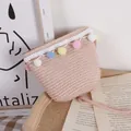 Rosa gewebte Stroh-Umhängetasche mit bunten Pompons und Spitze für Kinder - Einheitsgröße / Rosa Tasche