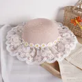 Pink straw sun hat for girls with white lace brim and daisy flower ribbon trim - Pink Straw Hat