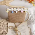 Handmade straw crossbody bag for girls with colorful pom-poms and daisy lace detail - One Size / Khaki Bag