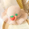 Pink straw sun hat for girls with wavy brim lace trim and cute plush strawberry carrot - Straw Hat / Pink
