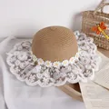 Kids' khaki straw sun hat with white daisy trim and wide lace brim in a romantic style - Khaki Straw Hat