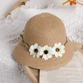 Mini beige straw bucket bag for kids featuring decorative white daisies and green vines - Khaki / Straw Hat