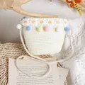 Handmade woven crossbody bag for girls with colorful pompoms and daisy lace trim details - One Size / Milk White Bag