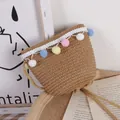 Kinder Stroh-Umhängetasche mit bunten Pompons und weißem Wellenrand-Spitzendetail - Einheitsgröße / Khaki-Tasche