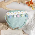 Light green woven crossbody bag for girls with daisy lace and colorful pom poms - One Size / Lake Blue Bag