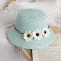 Kids mint green woven straw bucket bag featuring cute white daisy flower decorations - Lake Blue / Straw Hat