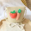 Kids straw bucket bag in cream white featuring plush strawberry and carrot decorations - Bag / Beige
