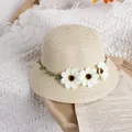 Beige woven straw sun hat for girls with white daisy floral trim and green leaves - Beige / Straw Hat