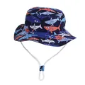 Navy blue children's sun hat with colorful cartoon shark print and adjustable chin strap - 48cm / Dark Blue Shark