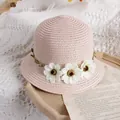 Sombrero de paja rosa para niñas decorado con margaritas blancas y enredaderas - Rosa / Sombrero de paja