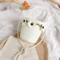 Mini bolso tipo cubo de paja para niños con flores 3D y correa de cuerda tejida - Crema / Monedero