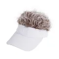 White baseball cap with curly brown wig on top, creative novelty sun hat for party - One Size / White Hat Khaki Hair