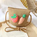 Children straw crossbody bag with plush strawberry and carrot decor for summer - Bag / Khaki