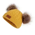 Bonnet en tricot jaune pour bébé avec motif torsadé et deux pompons en fausse fourrure - Taille unique / Jaune