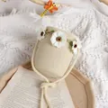 Bolso saco infantil de paja beige con flores blancas y correa de hombro tejida a mano - Beige / Monedero