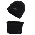 Men's winter knit beanie and neck warmer set with embroidery in solid black color - One Size / Black Zirconia Set