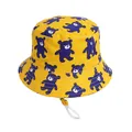 Yellow kids bucket hat with purple bear print and adjustable white drawstring - 48cm / Yellow Bear