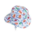 White kids bucket hat with colorful cartoon dinosaur prints and chin strap for sun protection - 48cm / White Colorful Dinosaur