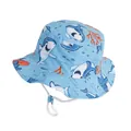 Blue kids bucket hat featuring cartoon shark prints and an adjustable white chin strap - 48cm / Light Blue Shark