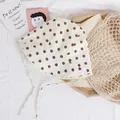 Creamy white polka dot baby sun hat with straps, vintage cotton linen blend bonnet - Coffee Polka Dot
