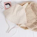 Infant beige checkered sun hat with chin ties made of breathable cotton fabric - Beige Plaid