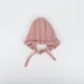 Pink knit baby beanie with ruffled edge and tie straps for infants 6-24 months - One Size / Pink